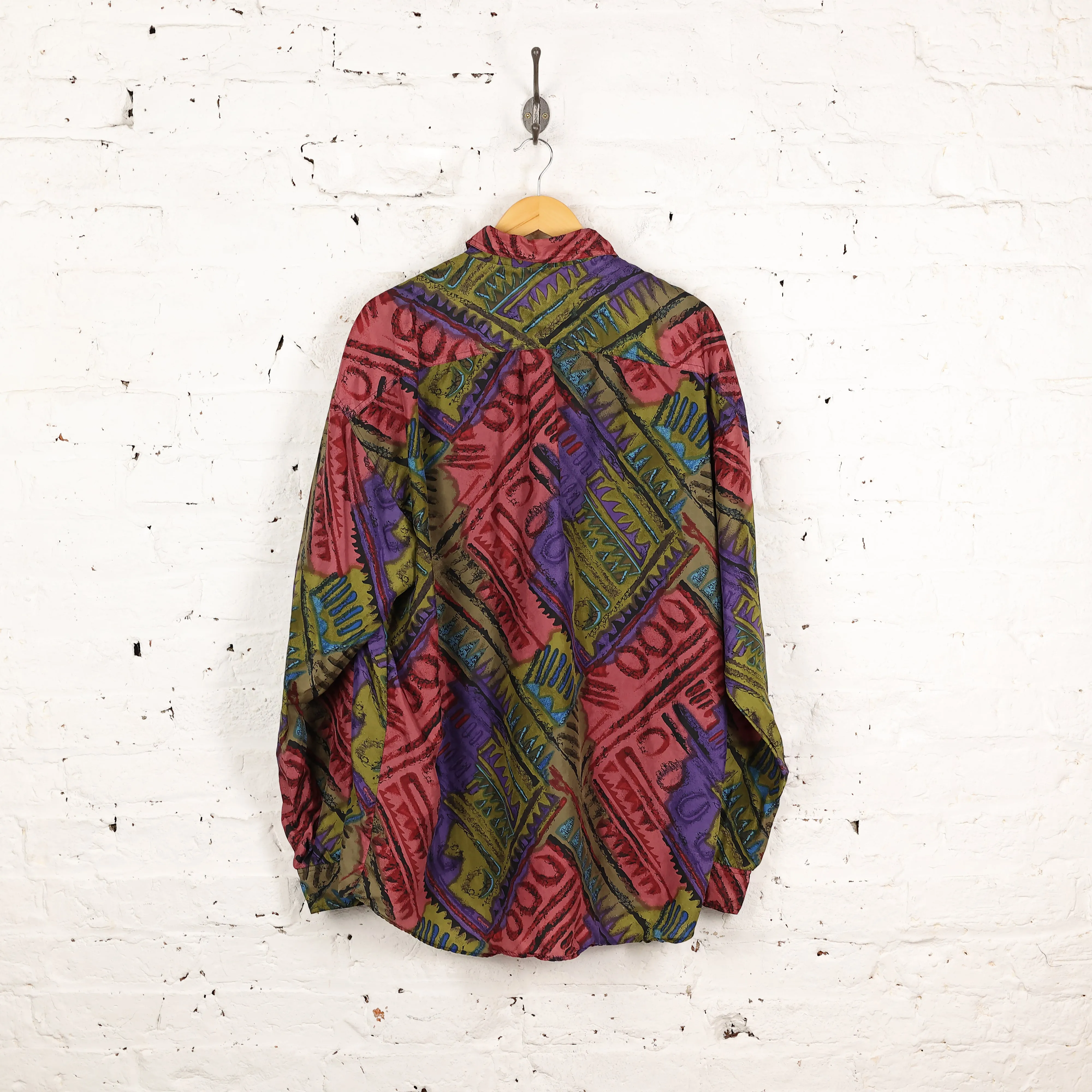 90s Long Sleeve Silk Pattern Shirt - Green - XL