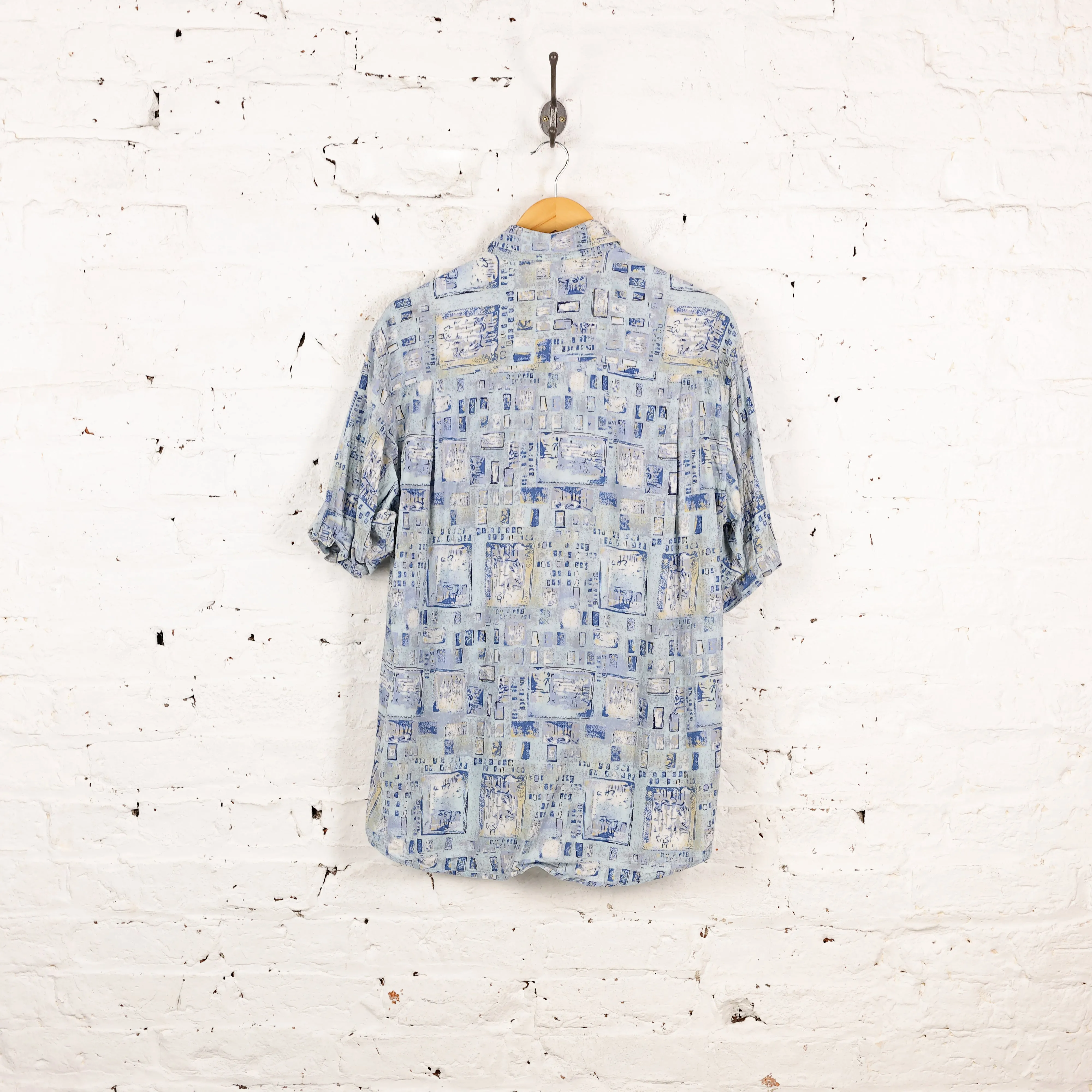 90s Pattern Short Sleeve Shirt - Blue - L