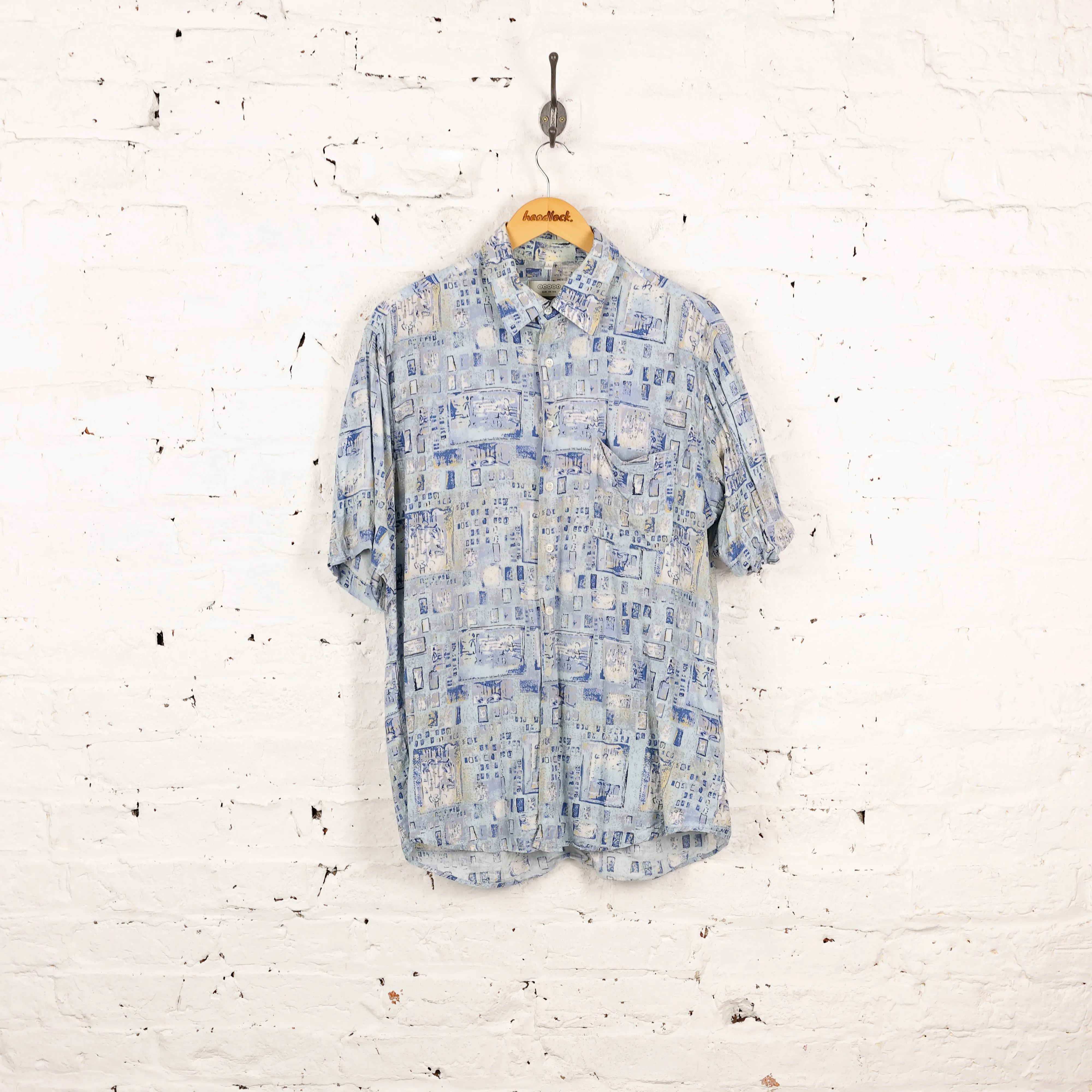 90s Pattern Short Sleeve Shirt - Blue - L