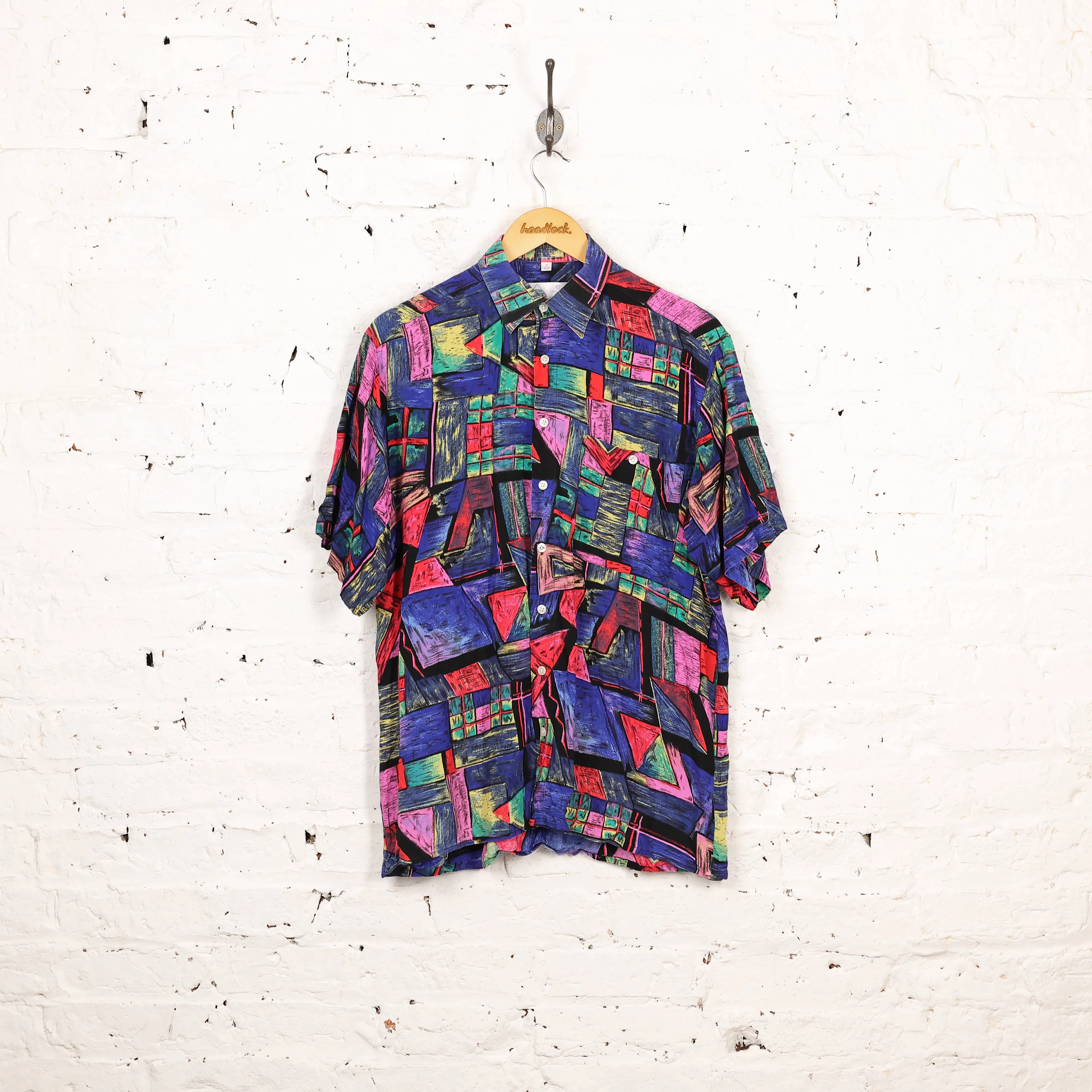 90s Pattern Short Sleeve Shirt - Blue - M