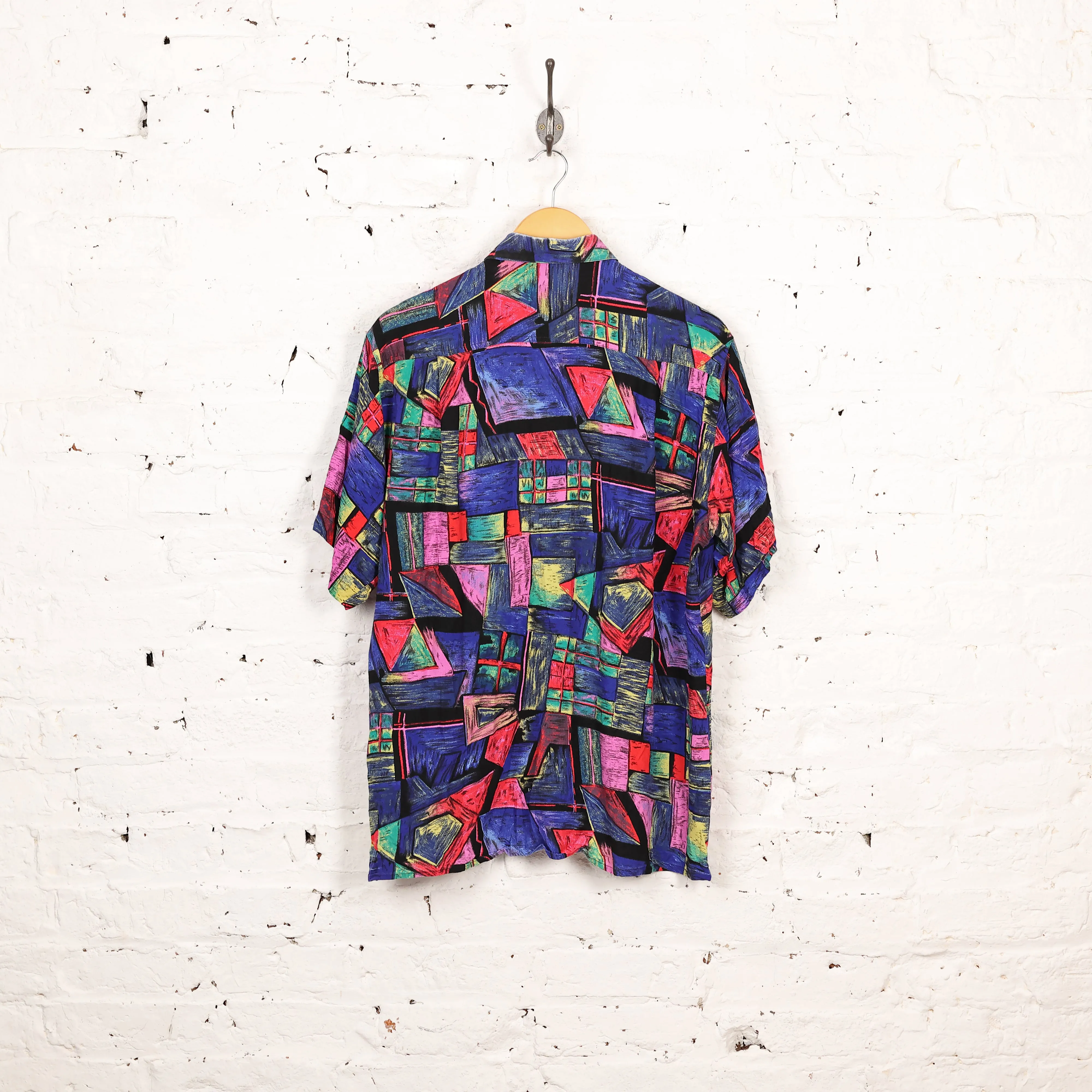 90s Pattern Short Sleeve Shirt - Blue - M