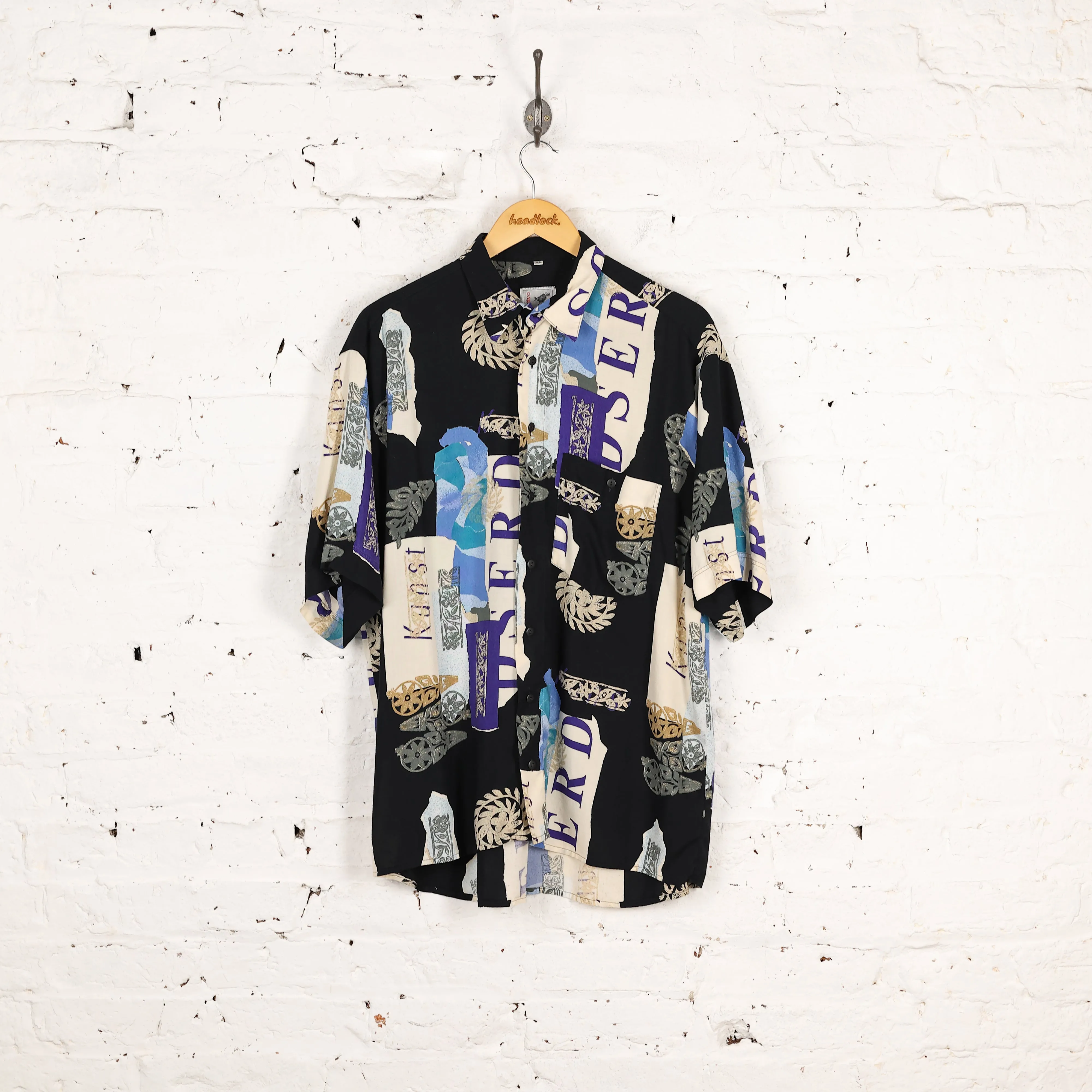 90s Short Sleeve Pattern Shirt - Black - L