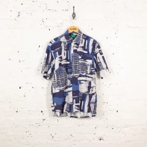 90s Short Sleeve Pattern Shirt - Blue - M