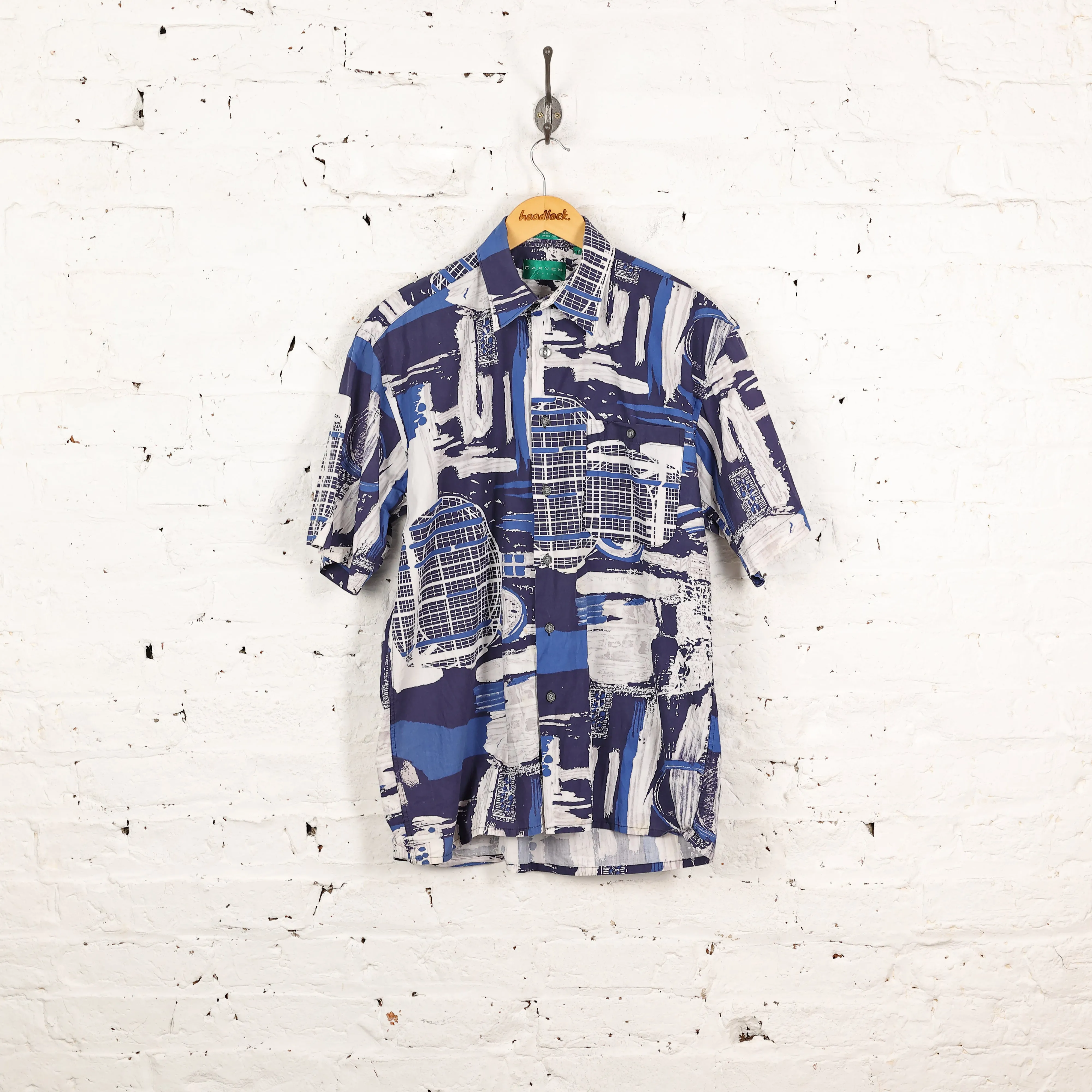 90s Short Sleeve Pattern Shirt - Blue - M