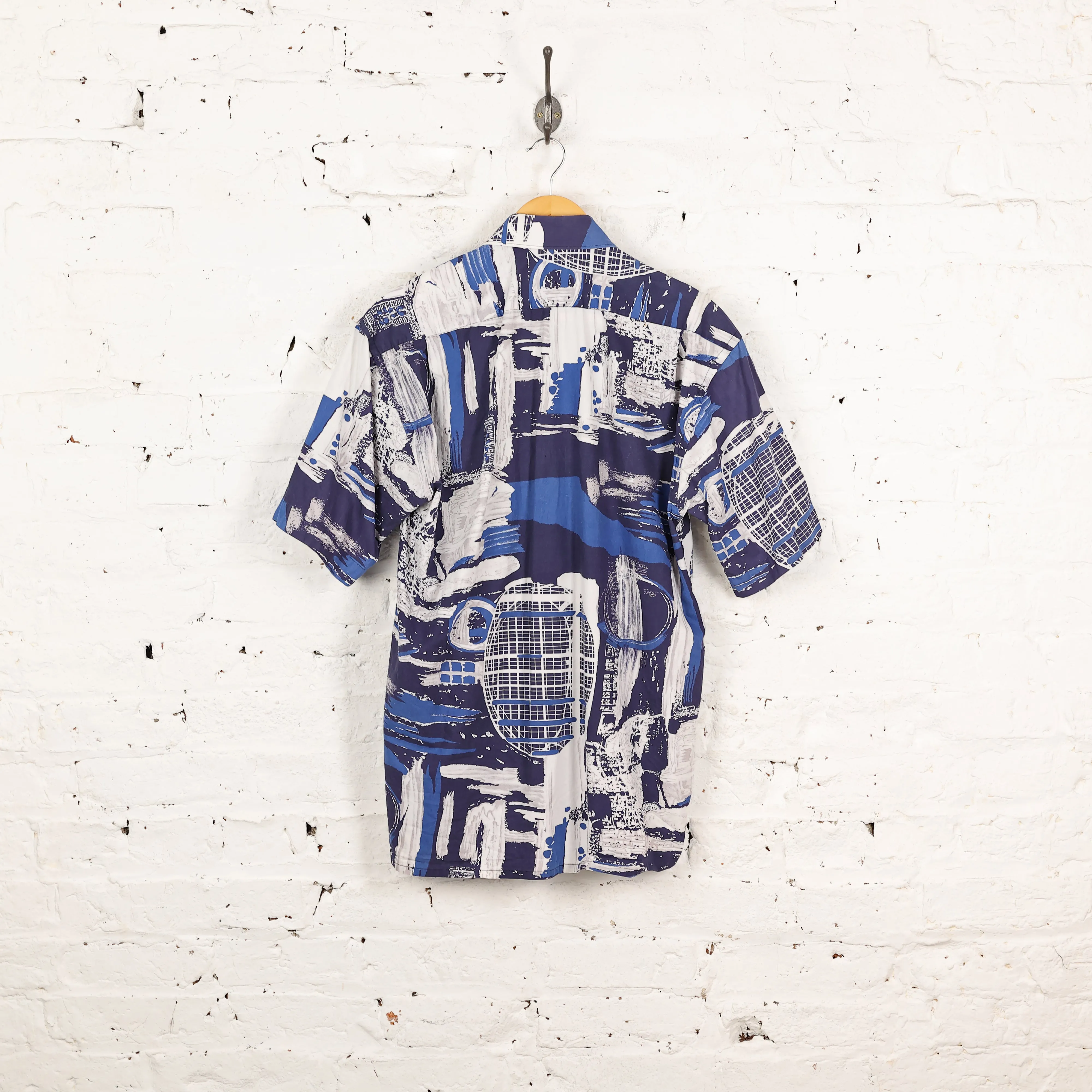 90s Short Sleeve Pattern Shirt - Blue - M