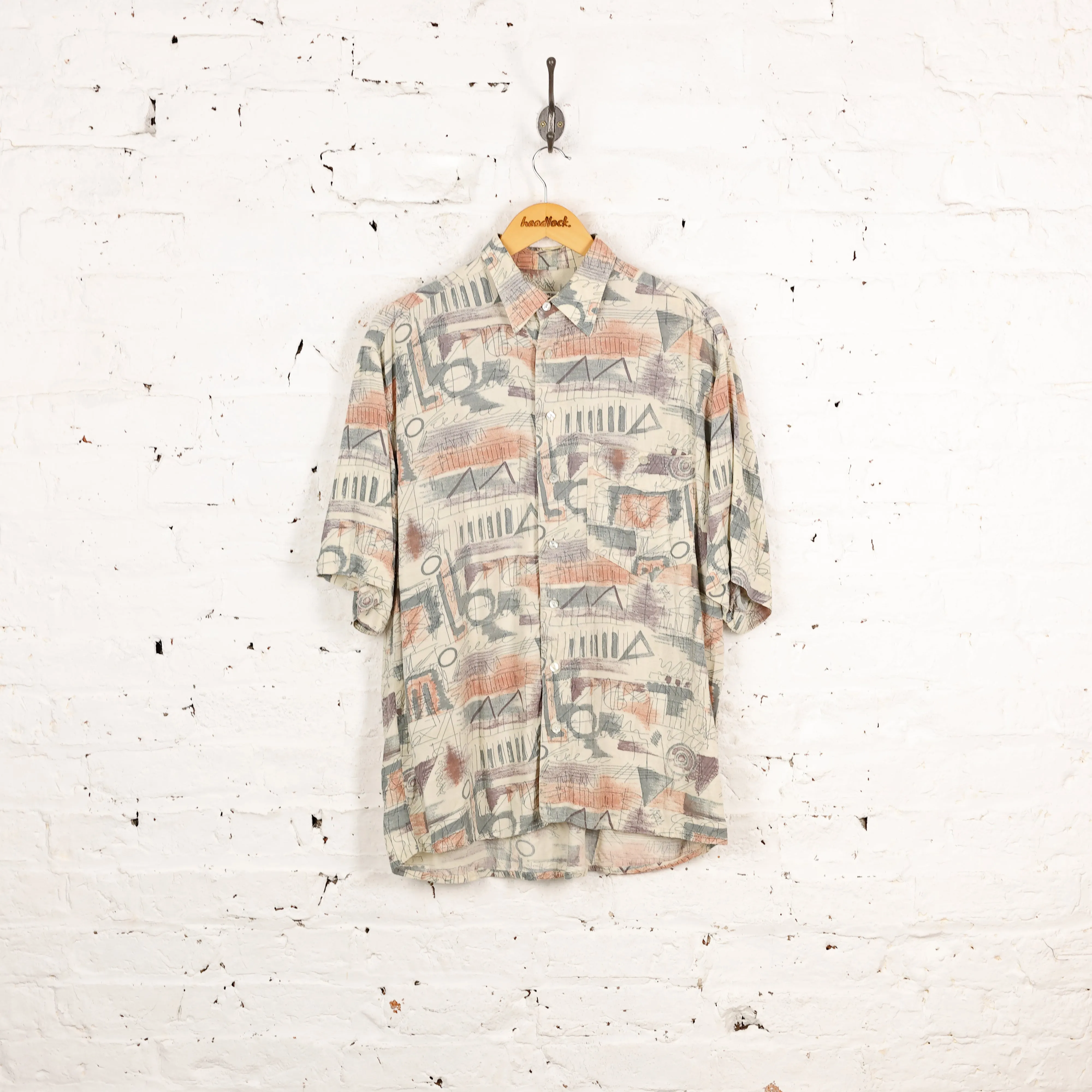 90s Short Sleeve Pattern Shirt - Green - L