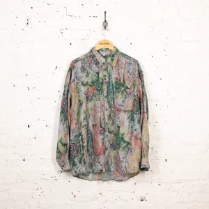 90s Silk Long Sleeve Pattern Shirt - Green - XL