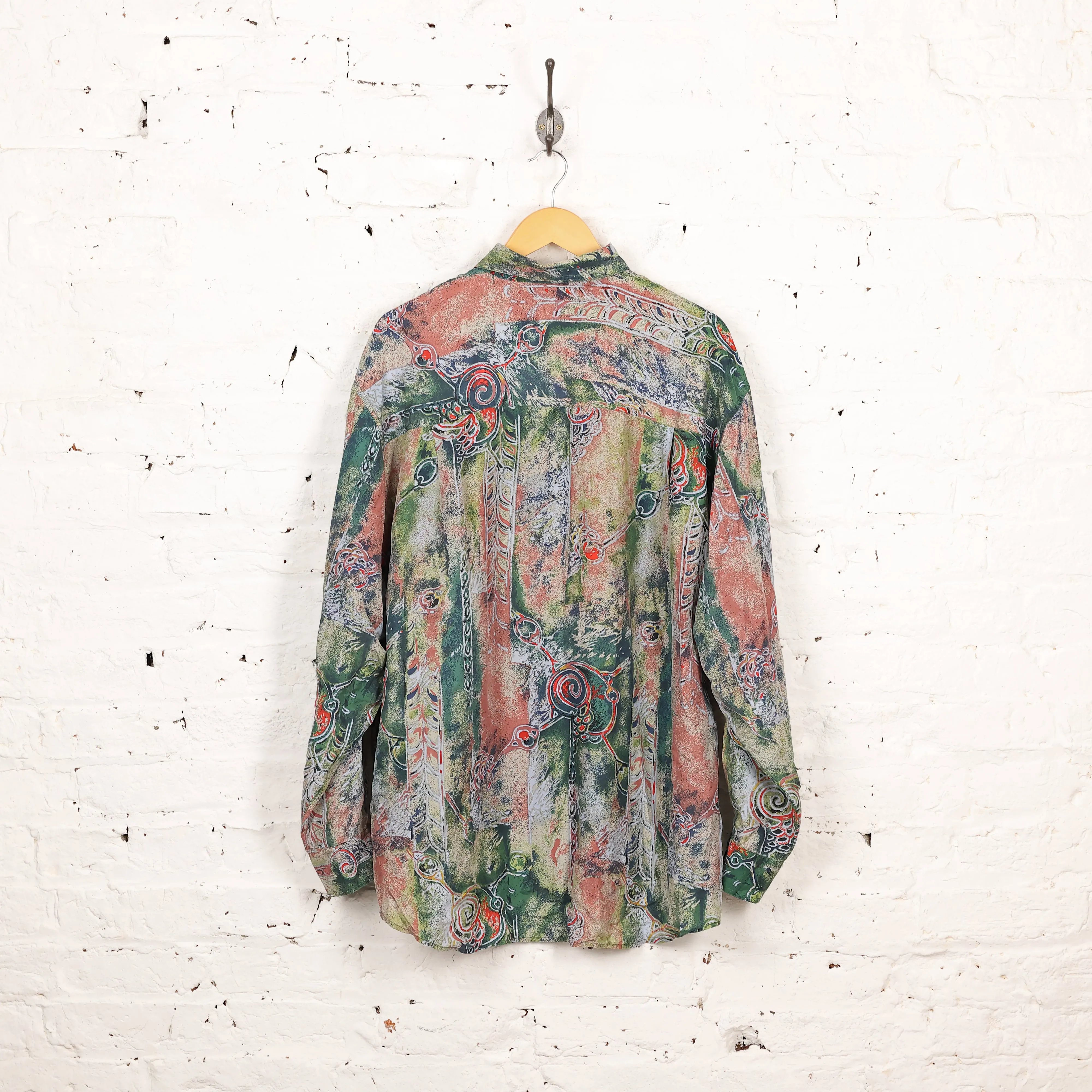 90s Silk Long Sleeve Pattern Shirt - Green - XL