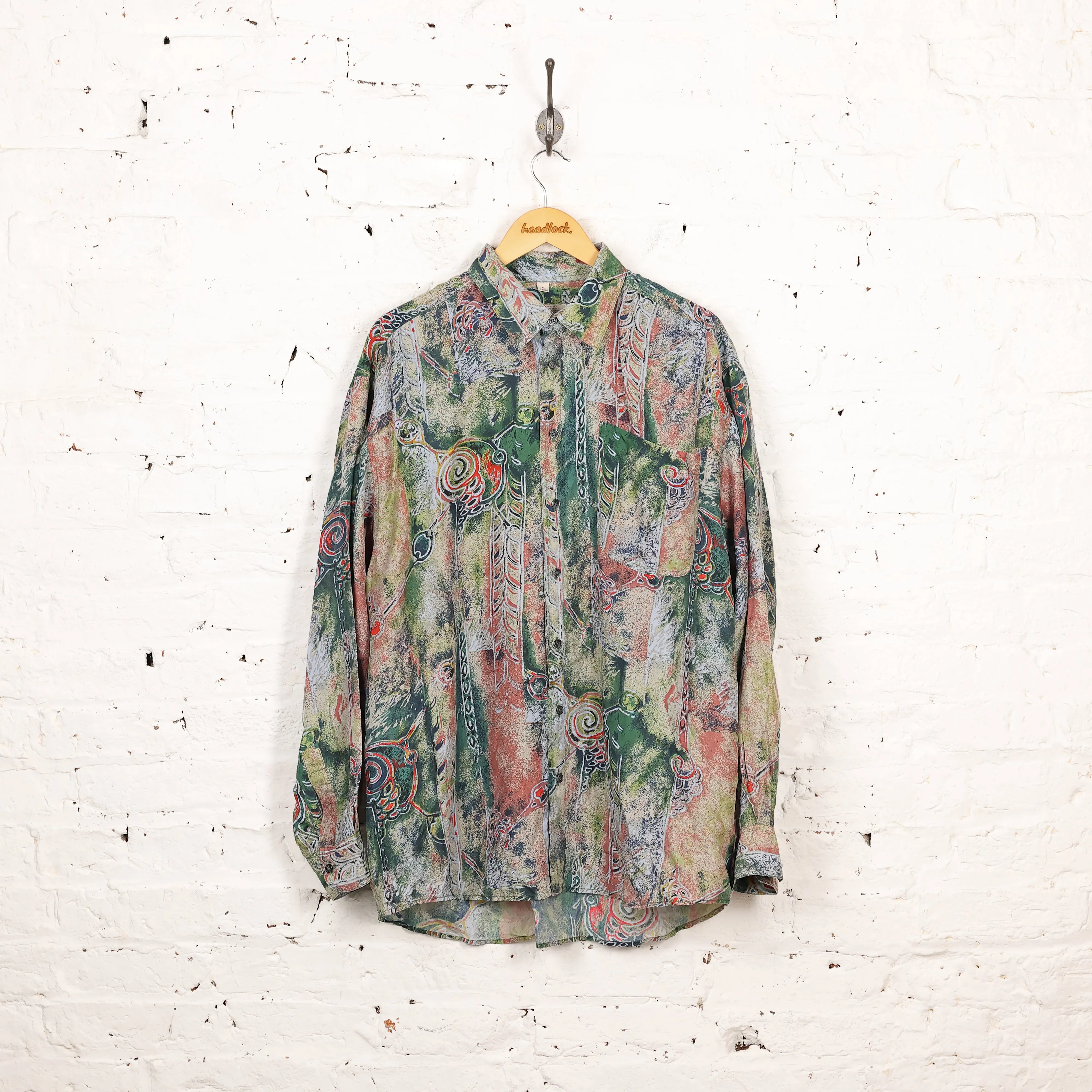 90s Silk Long Sleeve Pattern Shirt - Green - XL
