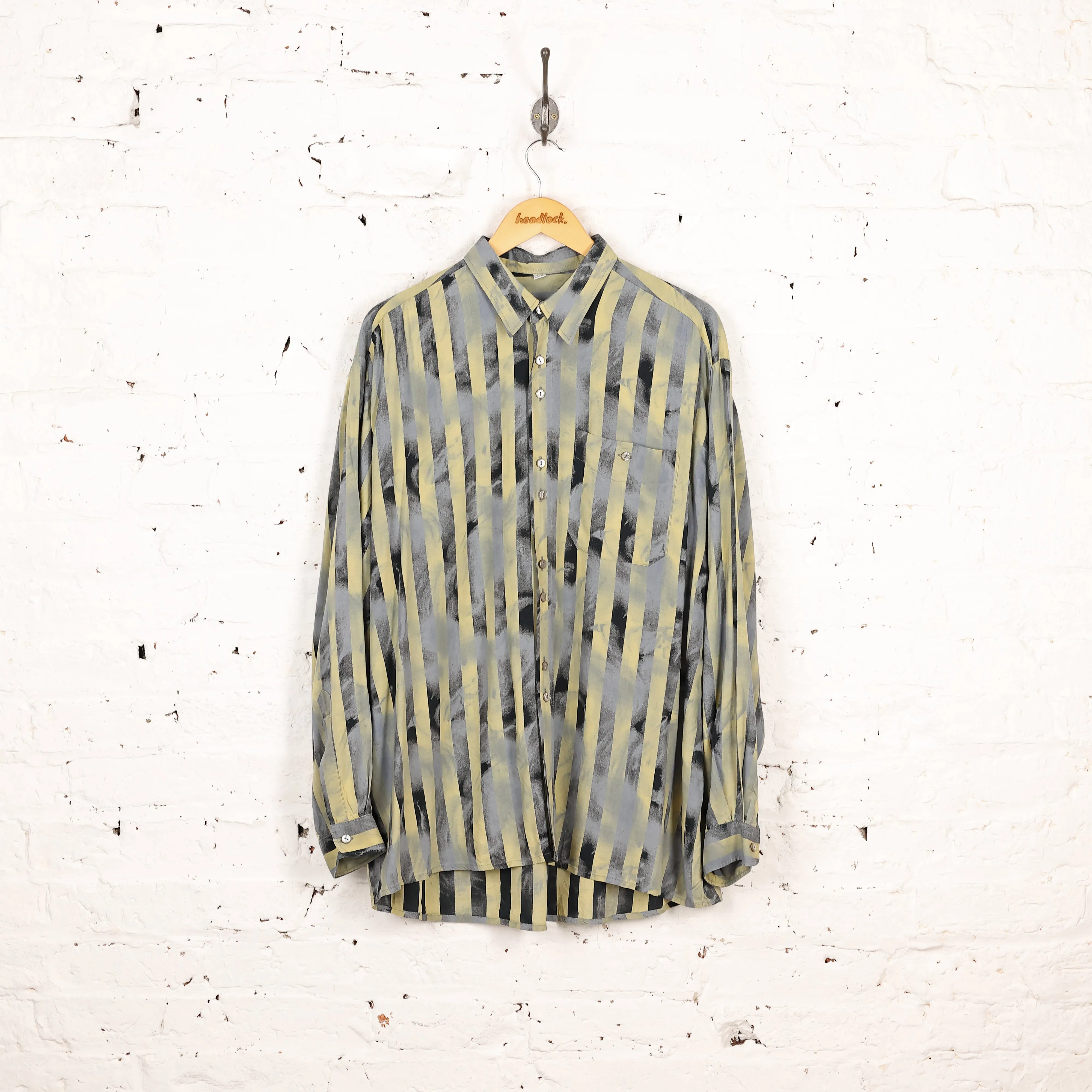 90s Striped Patterned Shirt - Yellow/Grey - XL