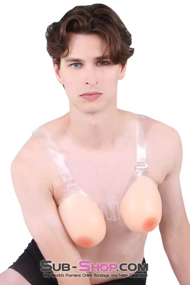 9877RS-SIS      Gia Real Forced Feminization Fantasy Female Led Relationship Feel Silicone Crossdressing Sissy Breast Forms with Nipples and Clear Straps, DD Cup