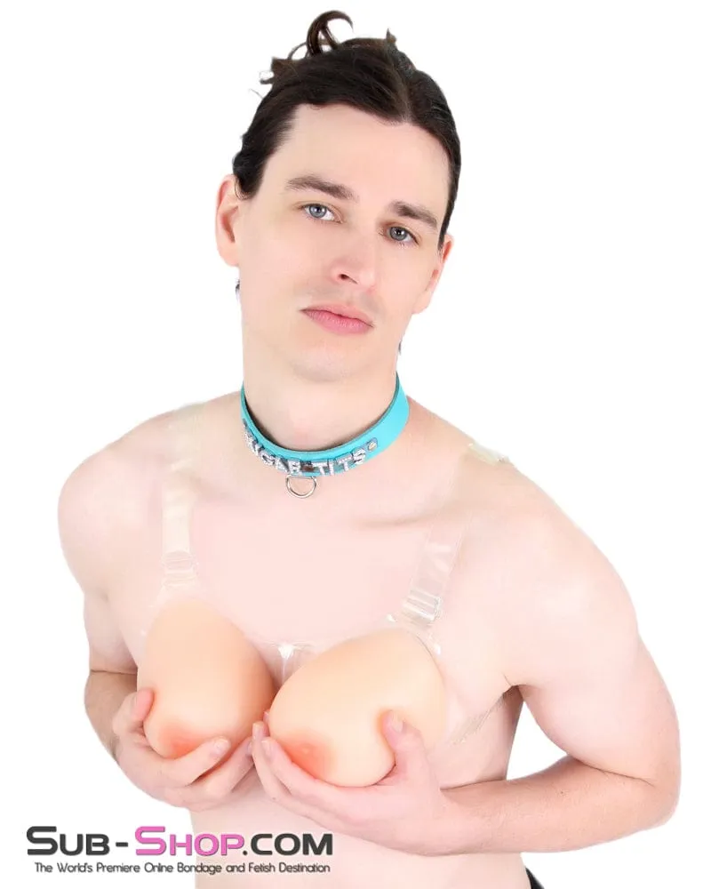 9877RS-SIS      Gia Real Forced Feminization Fantasy Female Led Relationship Feel Silicone Crossdressing Sissy Breast Forms with Nipples and Clear Straps, DD Cup
