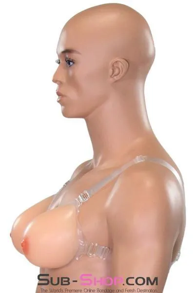 9877RS-SIS      Gia Real Forced Feminization Fantasy Female Led Relationship Feel Silicone Crossdressing Sissy Breast Forms with Nipples and Clear Straps, DD Cup