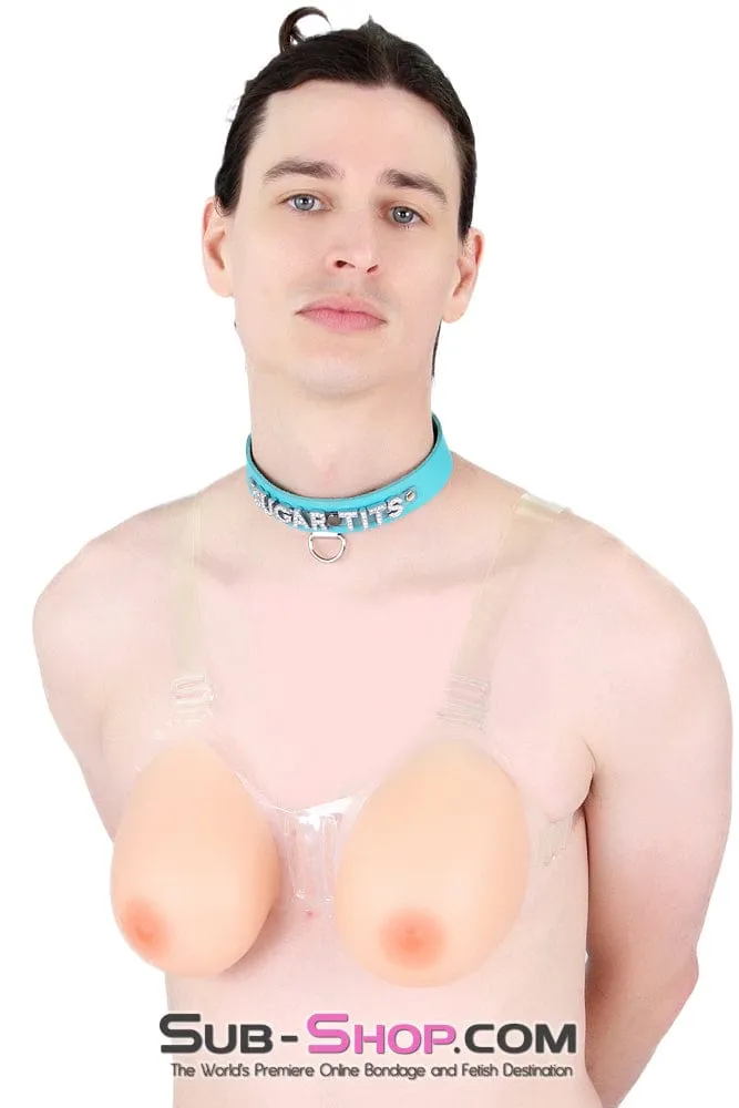 9877RS-SIS      Gia Real Forced Feminization Fantasy Female Led Relationship Feel Silicone Crossdressing Sissy Breast Forms with Nipples and Clear Straps, DD Cup