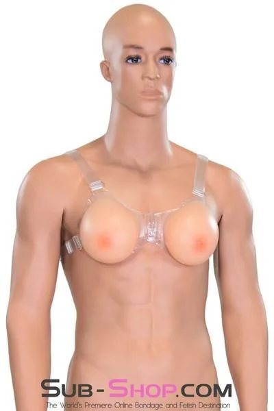 9877RS-SIS      Gia Real Forced Feminization Fantasy Female Led Relationship Feel Silicone Crossdressing Sissy Breast Forms with Nipples and Clear Straps, DD Cup