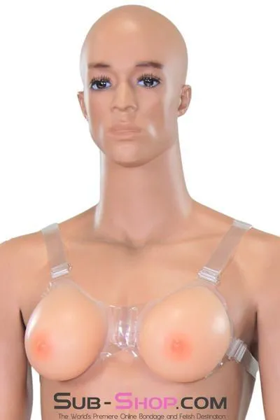 9877RS-SIS      Gia Real Forced Feminization Fantasy Female Led Relationship Feel Silicone Crossdressing Sissy Breast Forms with Nipples and Clear Straps, DD Cup