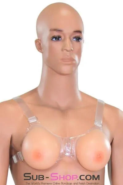 9877RS-SIS      Gia Real Forced Feminization Fantasy Female Led Relationship Feel Silicone Crossdressing Sissy Breast Forms with Nipples and Clear Straps, DD Cup
