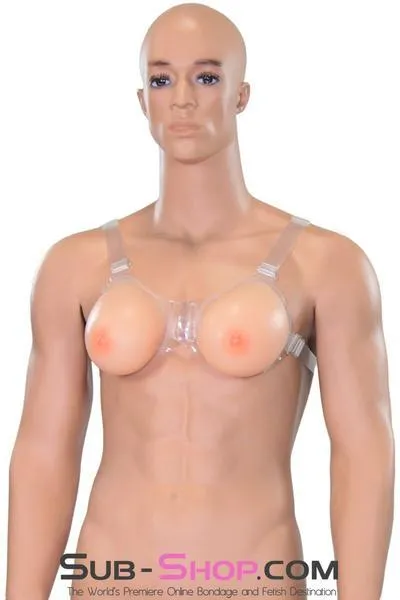 9877RS-SIS      Gia Real Forced Feminization Fantasy Female Led Relationship Feel Silicone Crossdressing Sissy Breast Forms with Nipples and Clear Straps, DD Cup