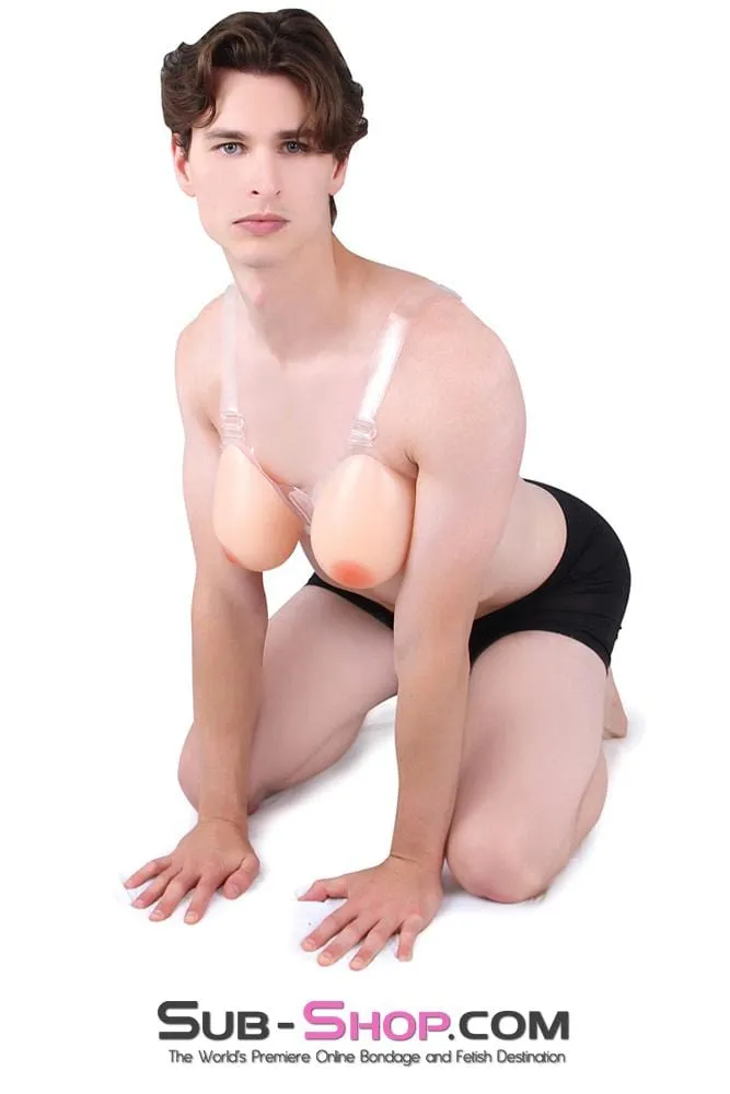 9877RS-SIS      Gia Real Forced Feminization Fantasy Female Led Relationship Feel Silicone Crossdressing Sissy Breast Forms with Nipples and Clear Straps, DD Cup