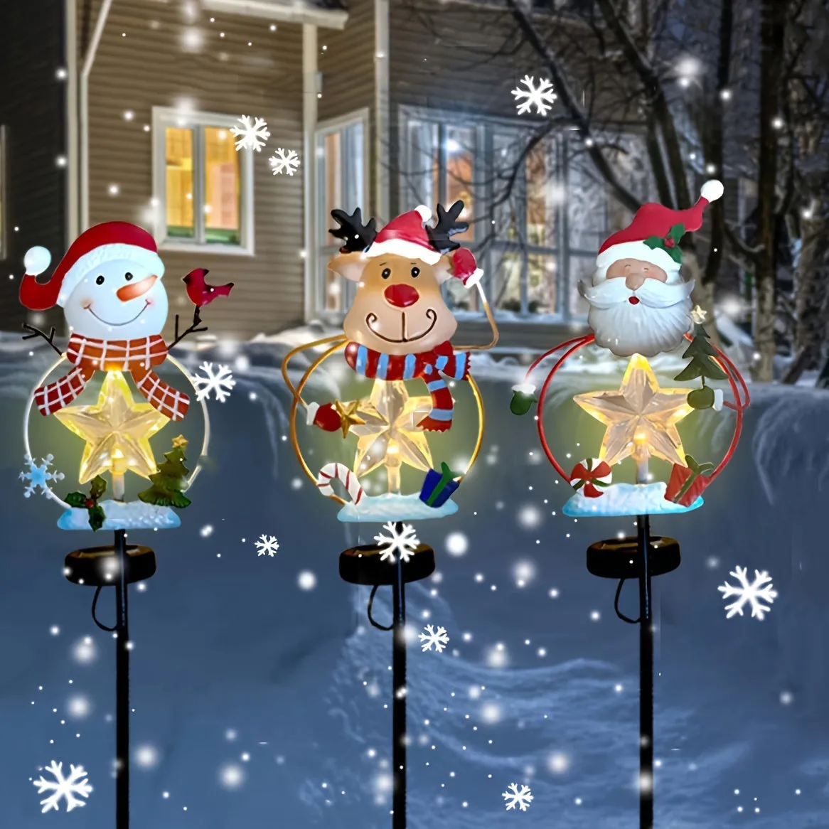 A set of 3pcs - Solar Holiday season courtyard decoration IPX4, outdoor LED solar snowflake Holiday season path lights, metal garden light posts, snowman Santa Claus Holiday season lawn courtyard decorations