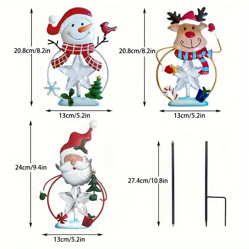 A set of 3pcs - Solar Holiday season courtyard decoration IPX4, outdoor LED solar snowflake Holiday season path lights, metal garden light posts, snowman Santa Claus Holiday season lawn courtyard decorations