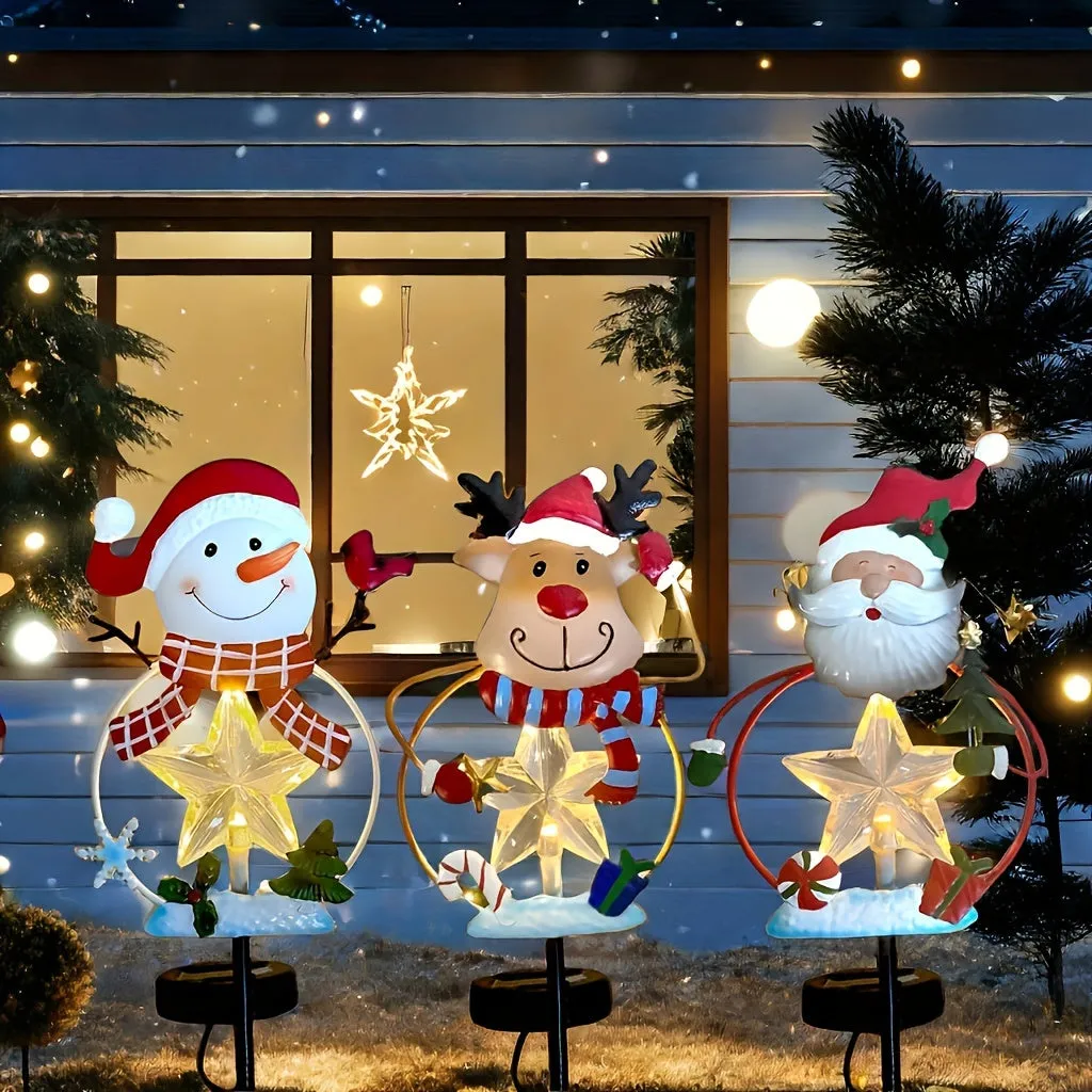 A set of 3pcs - Solar Holiday season courtyard decoration IPX4, outdoor LED solar snowflake Holiday season path lights, metal garden light posts, snowman Santa Claus Holiday season lawn courtyard decorations