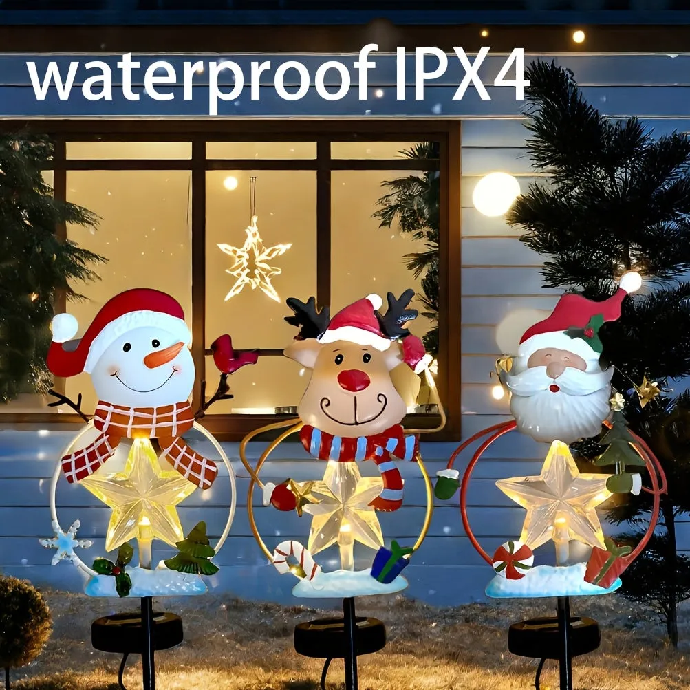 A set of 3pcs - Solar Holiday season courtyard decoration IPX4, outdoor LED solar snowflake Holiday season path lights, metal garden light posts, snowman Santa Claus Holiday season lawn courtyard decorations
