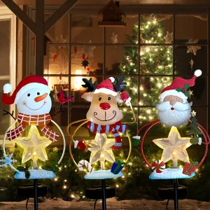 A set of 3pcs - Solar Holiday season courtyard decoration IPX4, outdoor LED solar snowflake Holiday season path lights, metal garden light posts, snowman Santa Claus Holiday season lawn courtyard decorations