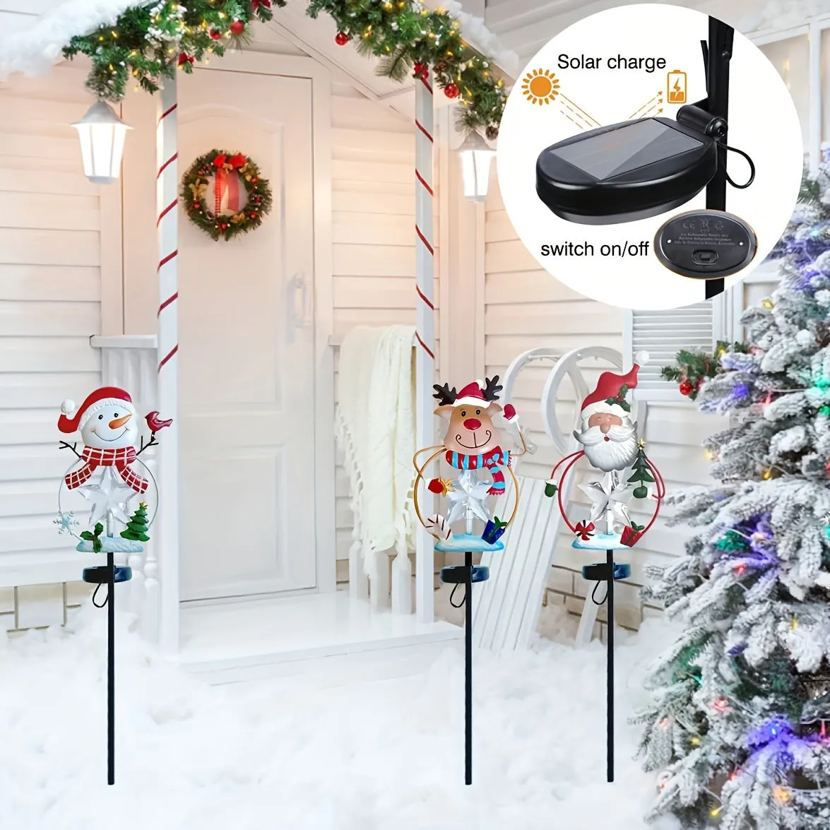 A set of 3pcs - Solar Holiday season courtyard decoration IPX4, outdoor LED solar snowflake Holiday season path lights, metal garden light posts, snowman Santa Claus Holiday season lawn courtyard decorations