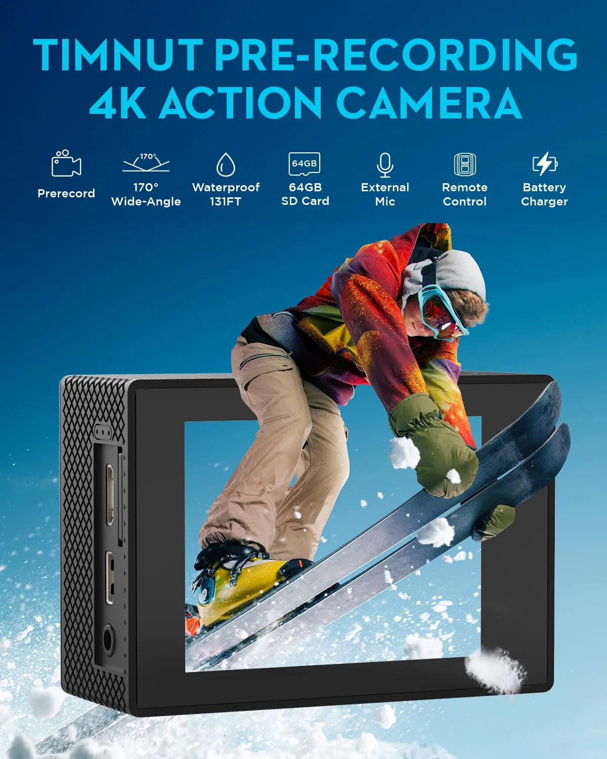 Action Camera 4K30fps with 64G SD Card,HD Waterproof Camera 131ft Underwater Cameras 20MP Pre-recording WiFi Camera 170° Remote Control Sports Cameras with 2 Batteries Helmet Mount Accessories Kits