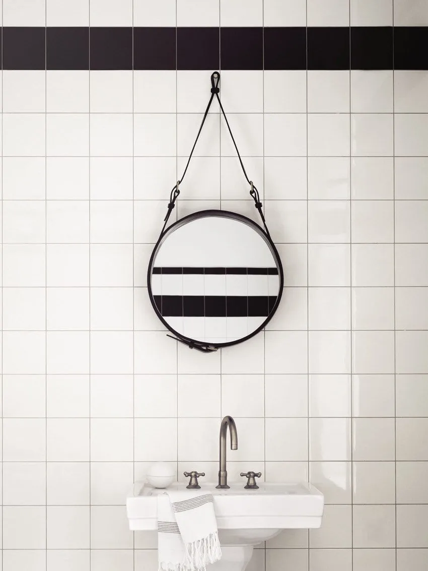 Adnet Wall Mirror, Circular - Black Leather