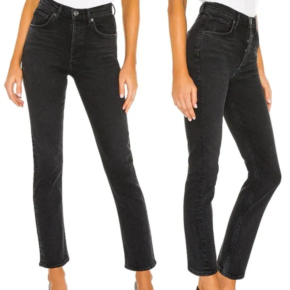 AGOLDE Riley High Rise Straight Crop Black Denim Jean Panoramic Women's …