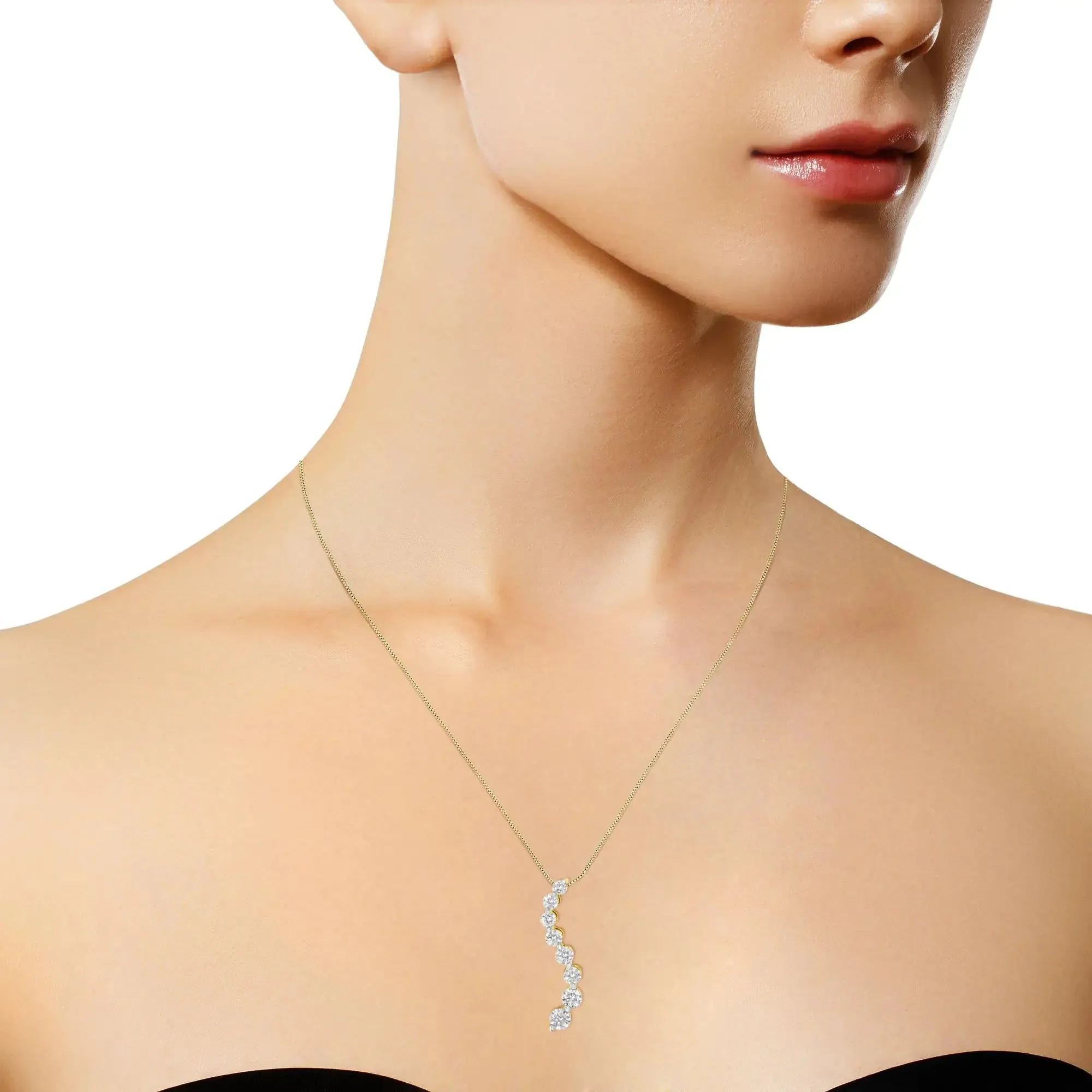 AGS Certified 14K Yellow Gold 3.0 Cttw Baguette and Brilliant Round-Cut Diamond Journey 18" Pendant Necklace (G-H Color, SI2-I1 Clarity)