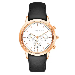 Alfred Sung Chronograph White Sunray Dial Black Leather Strap Men's watch