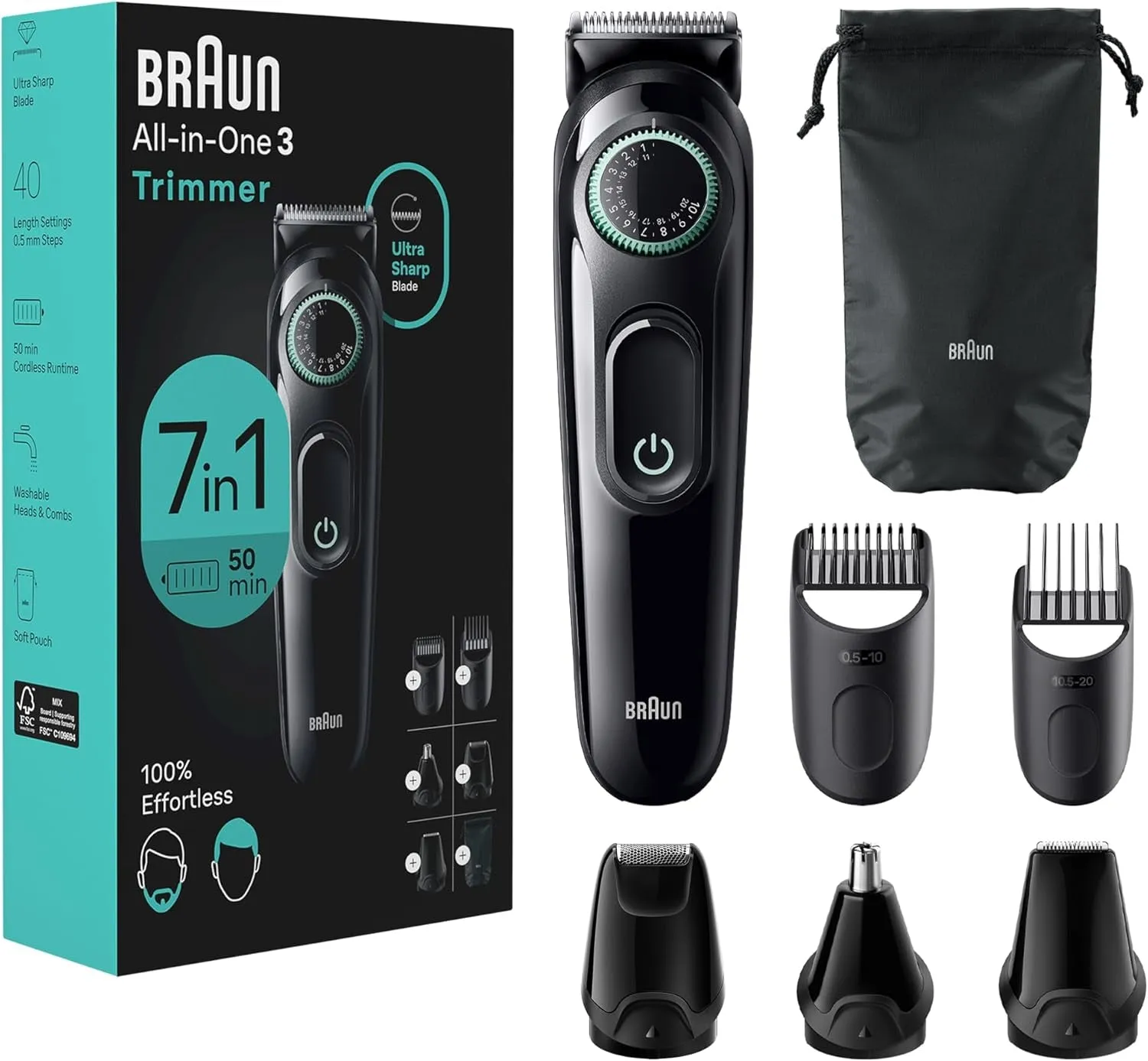 All-In-One Style Kit Series 3 3430, 3-In-1 Trimmer for Men with Beard Trimmer, Ear & Nose Trimmer, Hair Clippers, Ultra-Sharp Blade, 20 Length Settings, Washable
