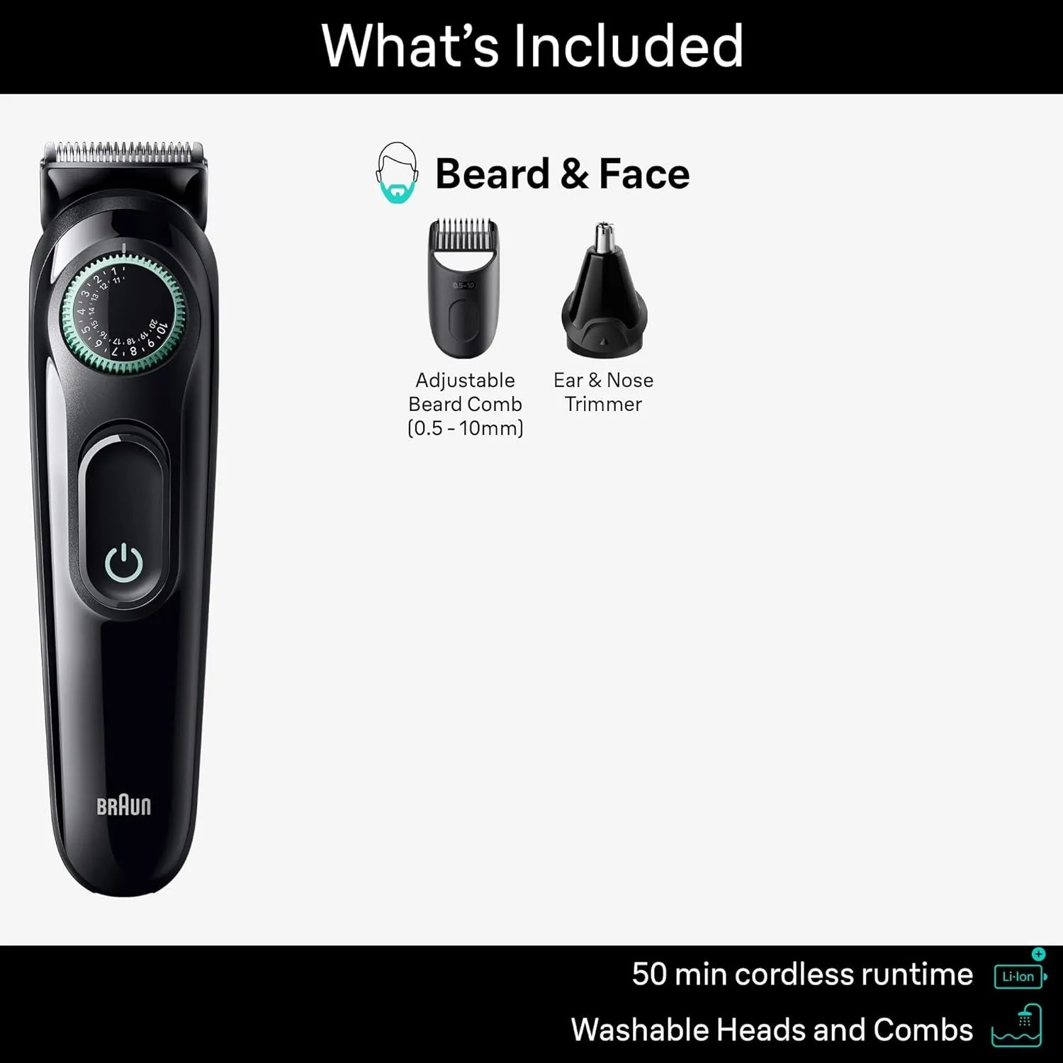 All-In-One Style Kit Series 3 3430, 3-In-1 Trimmer for Men with Beard Trimmer, Ear & Nose Trimmer, Hair Clippers, Ultra-Sharp Blade, 20 Length Settings, Washable
