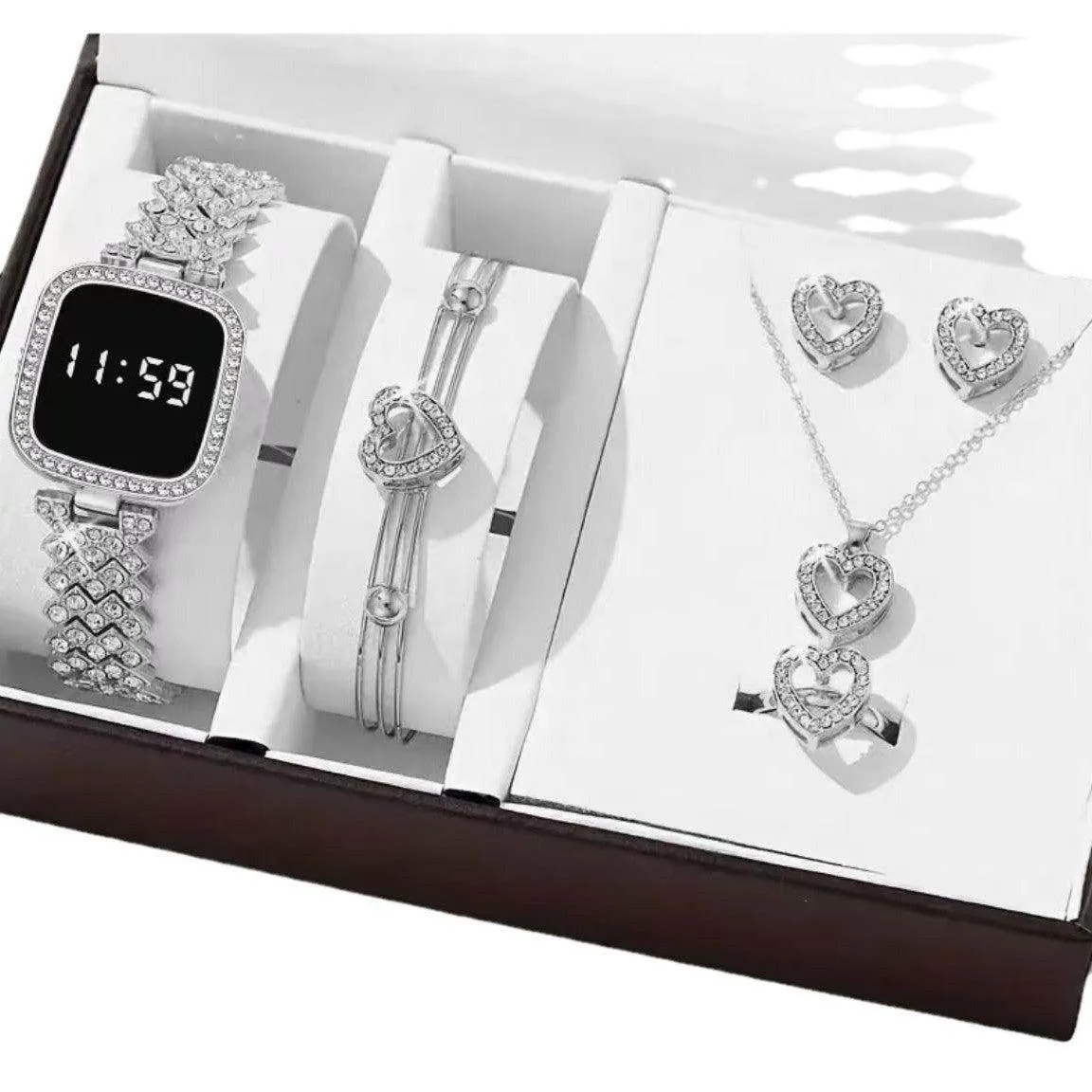 All-Matching Heart Shaped Watch, Bracelet, Necklace, Ring & Earrings Set