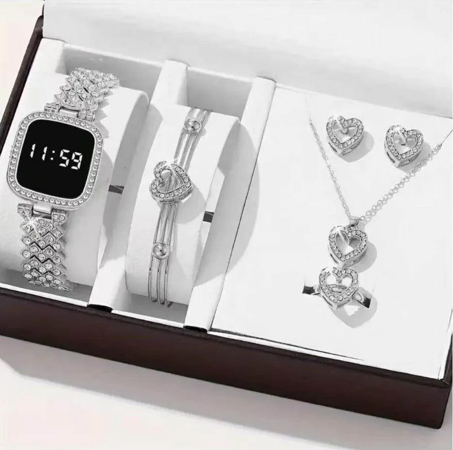 All-Matching Heart Shaped Watch, Bracelet, Necklace, Ring & Earrings Set