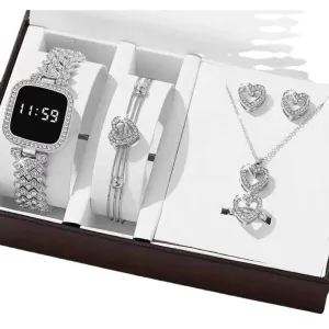 All-Matching Heart Shaped Watch, Bracelet, Necklace, Ring & Earrings Set