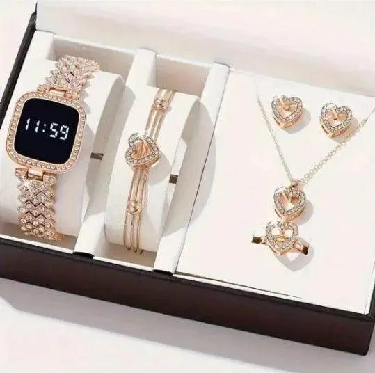 All-Matching Heart Shaped Watch, Bracelet, Necklace, Ring & Earrings Set