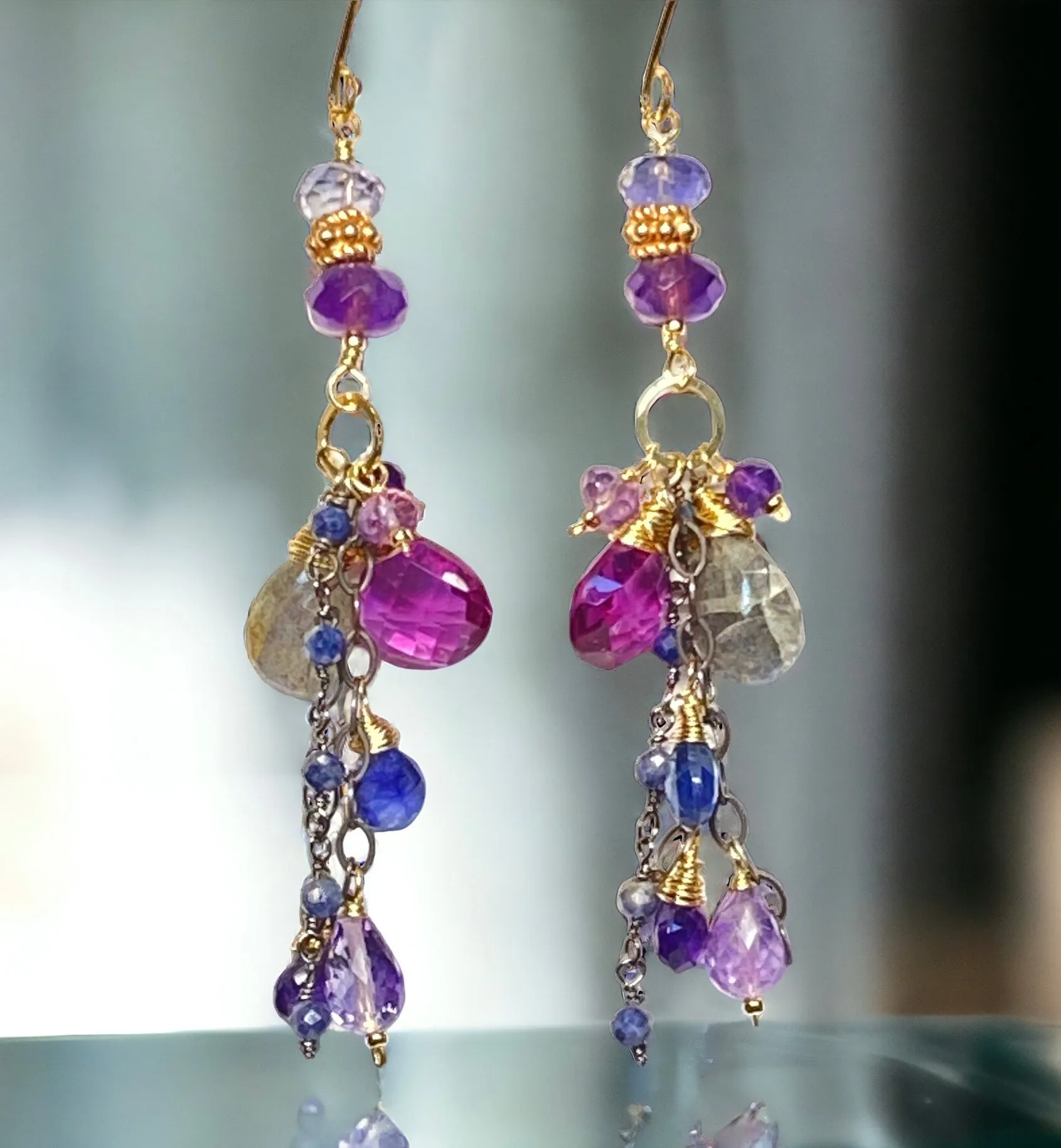 Amethyst Blue Violet Mixed Metal Boho Dangle Earrings 2