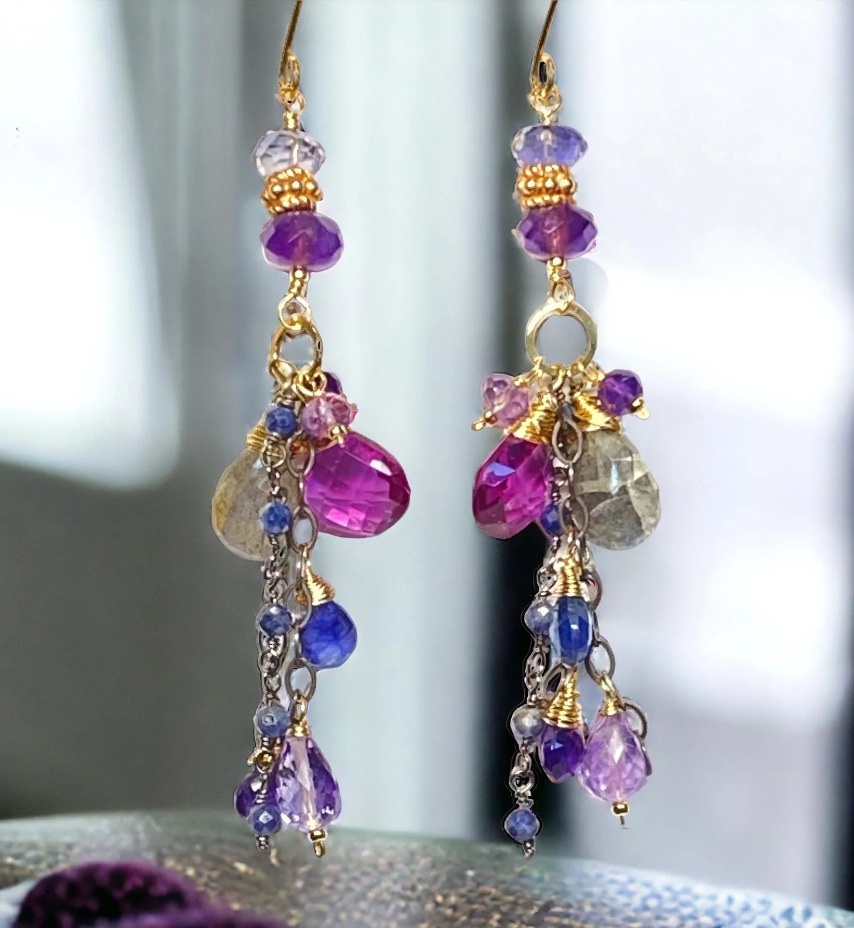 Amethyst Blue Violet Mixed Metal Boho Dangle Earrings 2