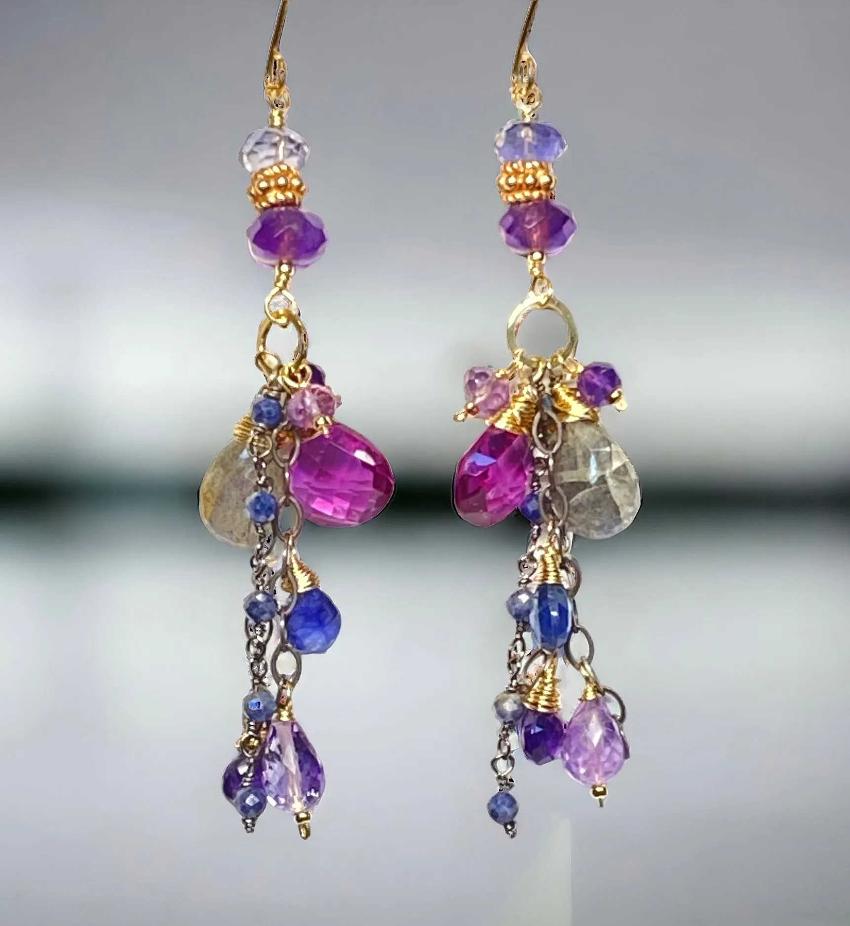 Amethyst Blue Violet Mixed Metal Boho Dangle Earrings 2