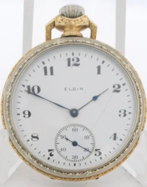 Antique 12s 1918 Elgin Pinstriped Two Tone 15 Jewel Pocket Watch 315 14k GF