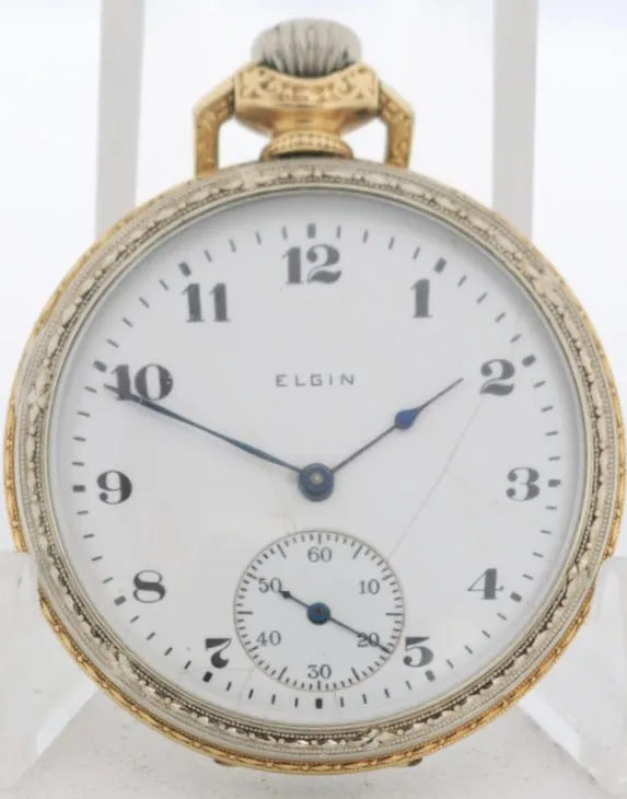 Antique 12s 1918 Elgin Pinstriped Two Tone 15 Jewel Pocket Watch 315 14k GF
