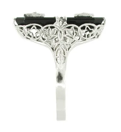 Antique Onyx and Double Diamond Antique Filigree Cocktail Ring in 14 Karat White Gold