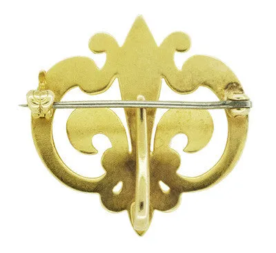 Antique Victorian Fleur De Lis Scroll Brooch and Watch Pin in 14 Karat Yellow Gold