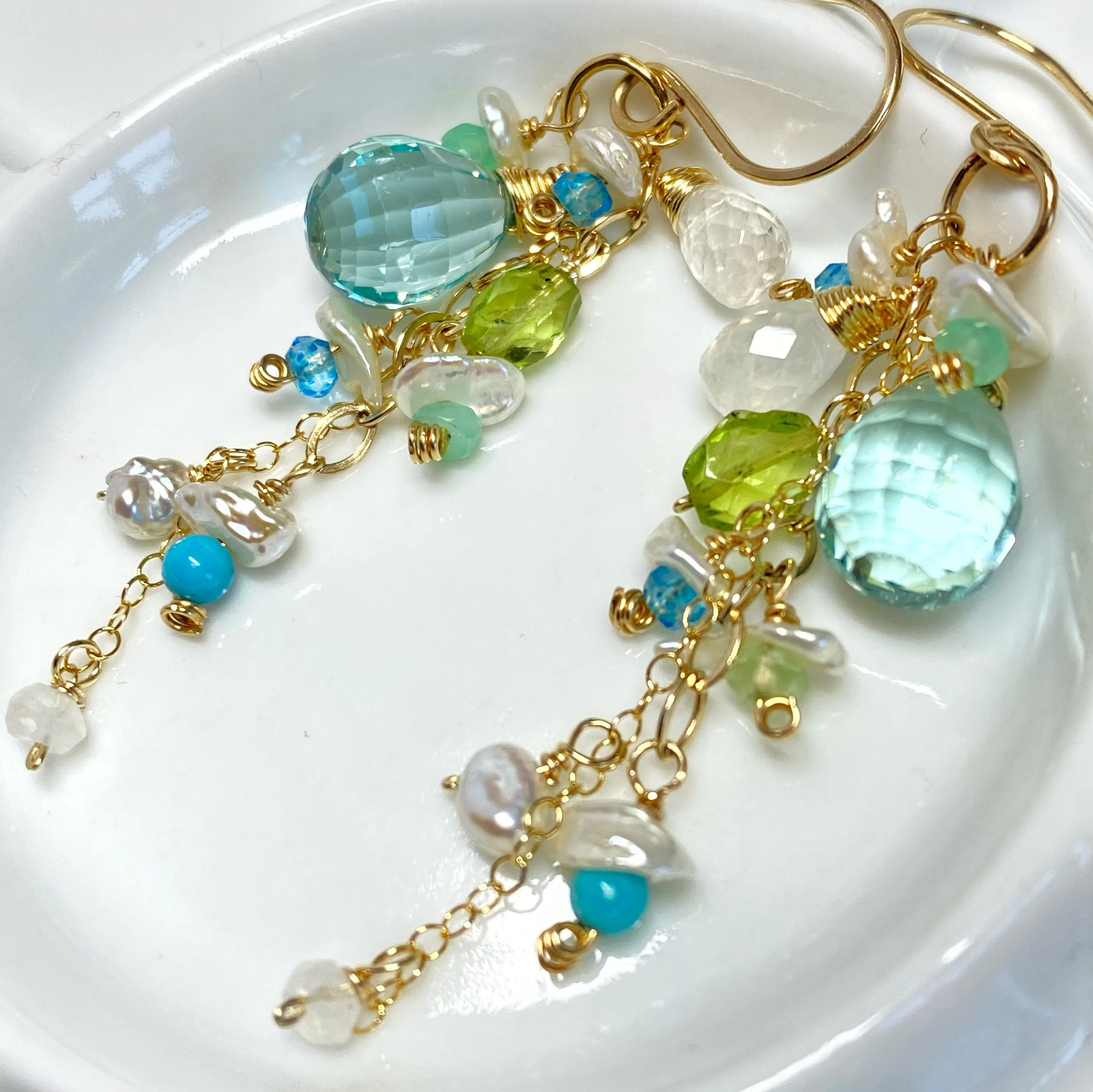 Aqua Gemstone Pearl Dangle Earrings Gold Fill