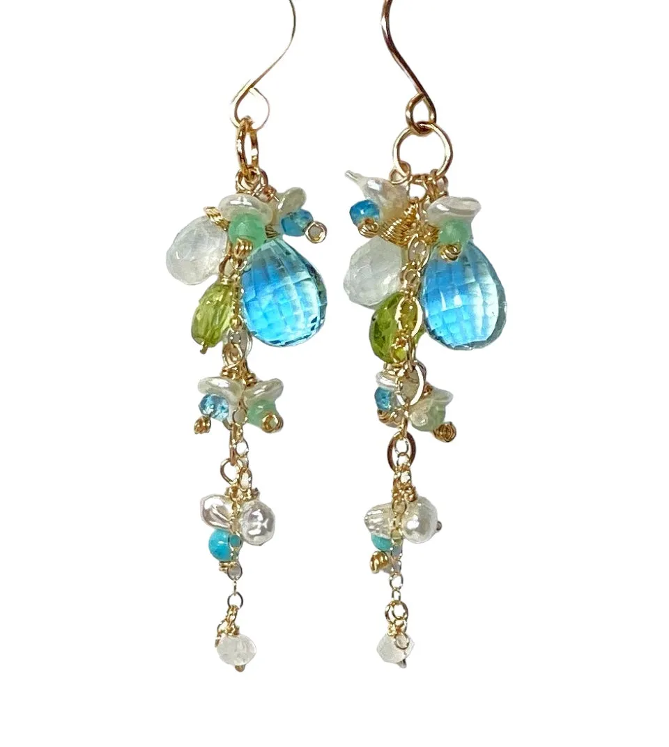 Aqua Gemstone Pearl Dangle Earrings Gold Fill