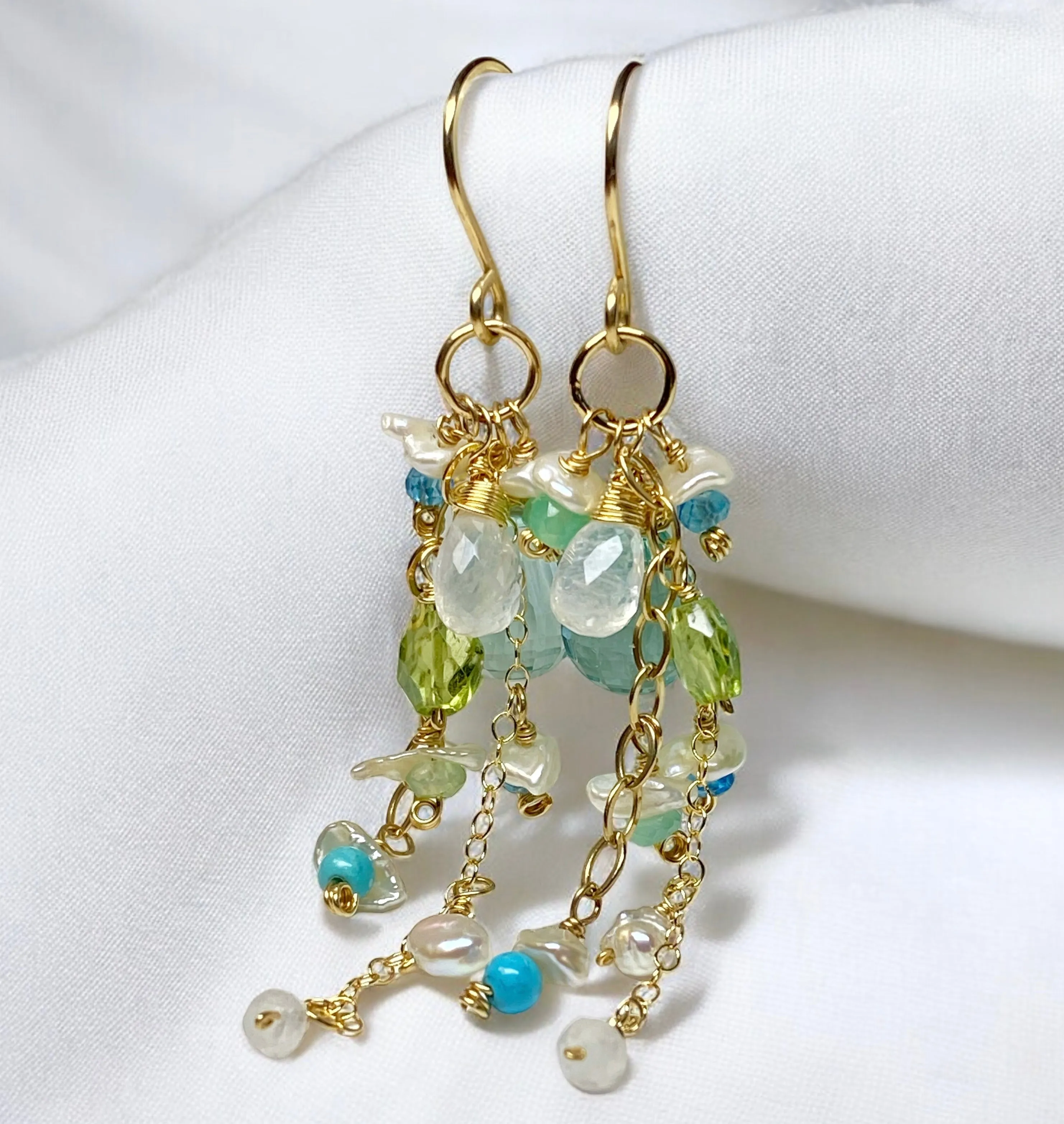 Aqua Gemstone Pearl Dangle Earrings Gold Fill
